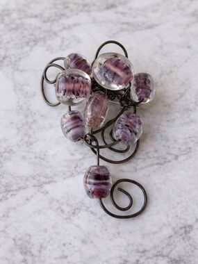 Vintage Art Glass Bead Brooch Purple Swirl Wire Wrapped Statement Pin Unique